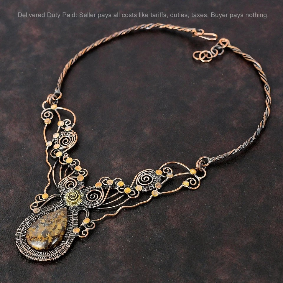 Oferta de Año Nuevo Cobre Bronzita Piedras Preciosas Hermana Envuelto Alambre Flor Cadena Collar Foto 3 de 4