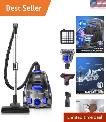 Quiet 1600W Canister Vacuum with HEPA Filters - Lightweight, Easy to Use Design