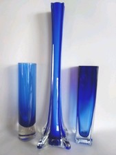 3 Cobalt Blue and Clear Art glass vase 2-7"  1-12.5  Tall Flower MCM Vases XX D