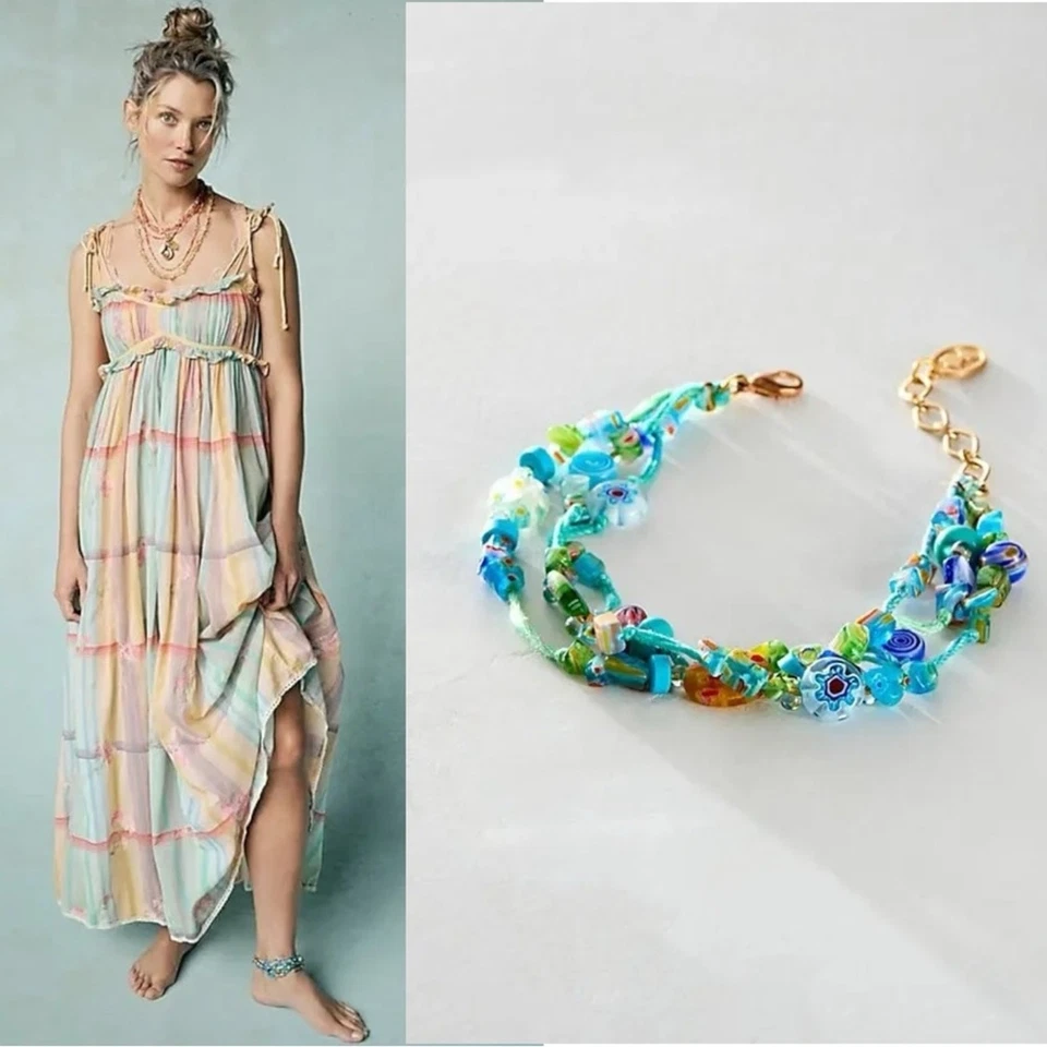 Free People Ariana Ost Marathon Anklet Neon Pop Turquoise Beaded Layered Glass - Image 2 of 4