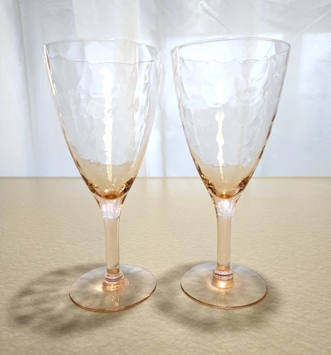Set of 2 Antique Pink Depression Glass Optic Swirl Wine Glasses 8 Ounce Capacity
