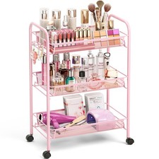 TOOLF 3 Tier Rolling Cart Pink - Metal Storage Organizer with 3-Tier,