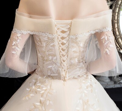 elegant women dresses for wedding Ivory Embellished Elegant Long Sleeves Wedding Dresses with V-back –  Okeydress main image 0