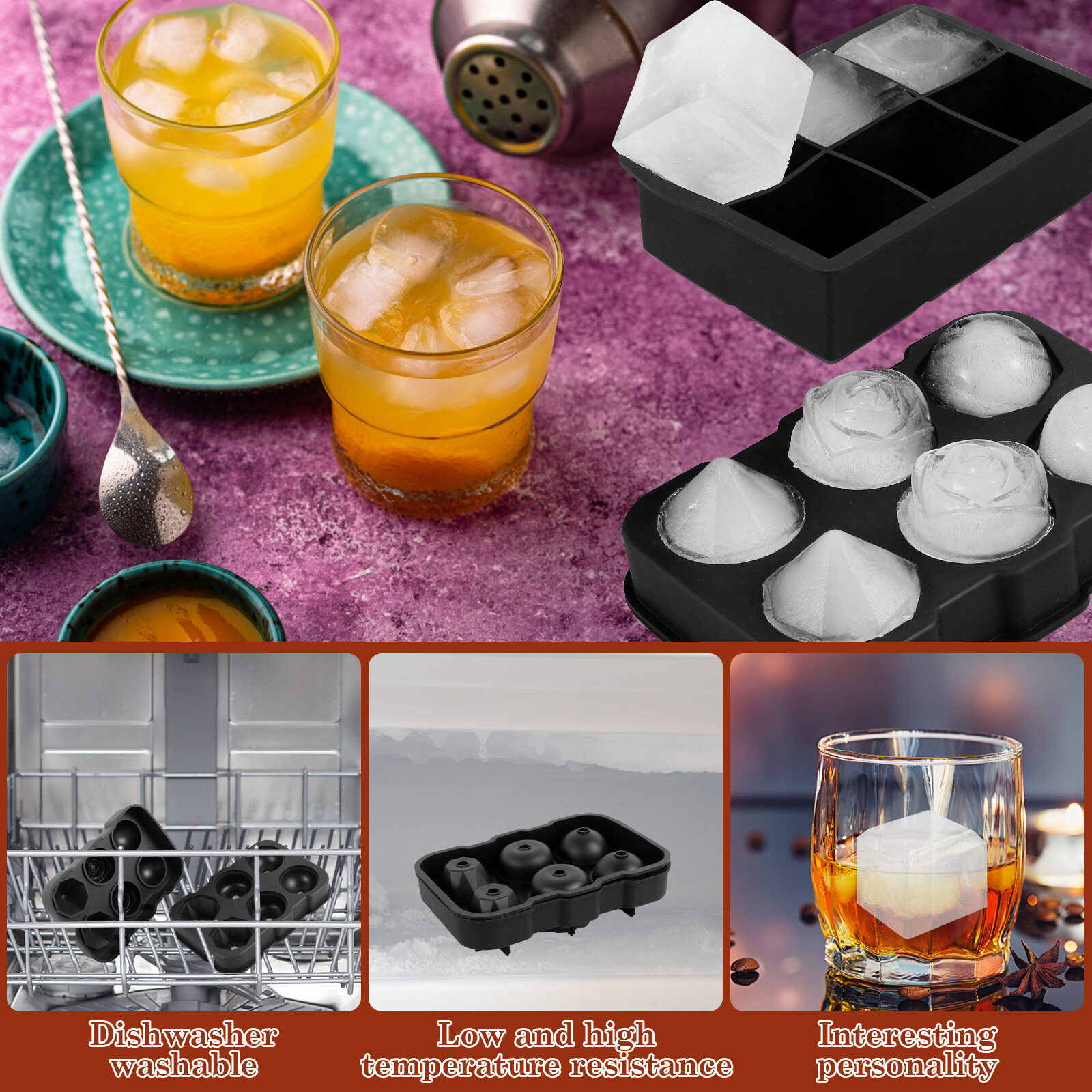 Whiskey Ice Cubes Mold with Lid and Funnel Round and Square Ice Cube ...
