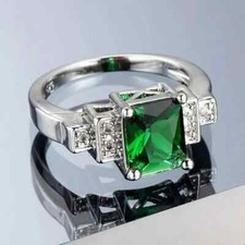 3Ct Lab-Created Emerald Cut Solitaire with Step Side Pave Blocks 925 Silver Ring