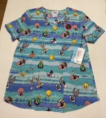 Looney Tunes Bugs Bunny & Friends Tie Dye V Neck Medical Scrub Top Women's M