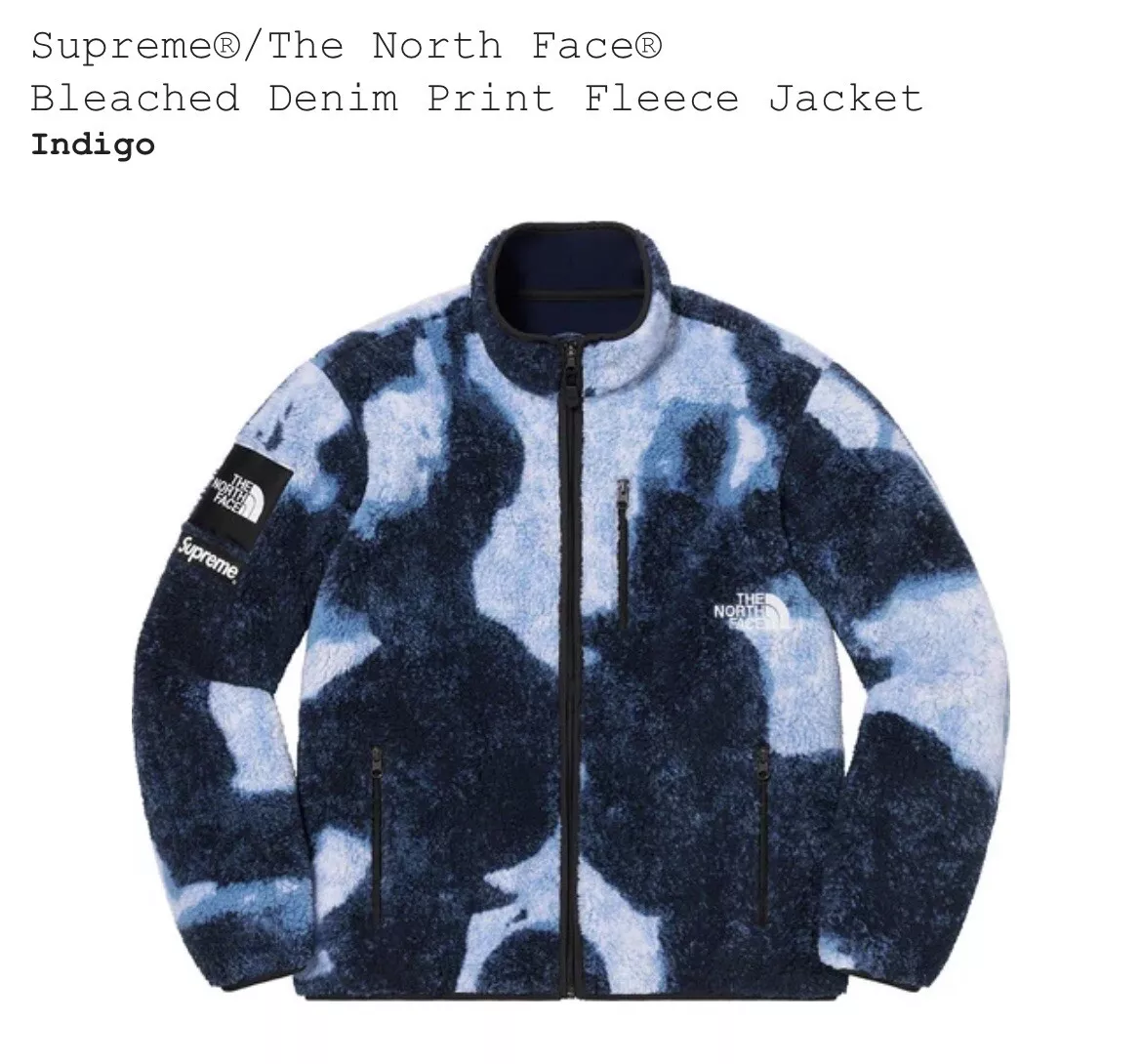 Supreme® x The North Face® Bleached Denim Print Indigo Fleece Jacket Sz M  FW