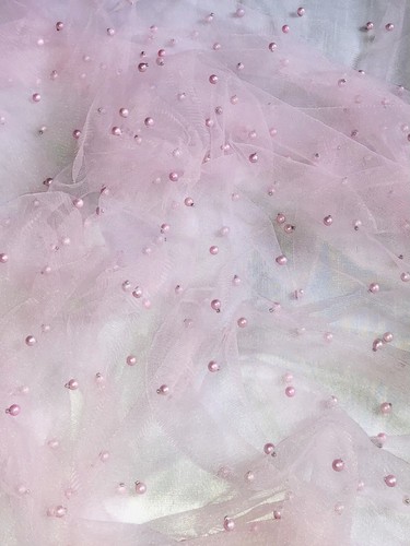 3 Mtr Baby Pink Pearl Beaded Bridal Lace Fabric 60” Wide Tulle Net - Picture 4 of 4