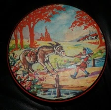OLD round TIN BOX Louis CLAUSS CONFECTIONERY DONKEY LITHOGRAPH CIRCA 1920
