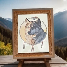 C.J. Conner Wolf Print with Indian Suncatcher Theme Wood Frame 16"Hx13"W