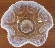 10" Depression Milk Glass Ruffled Bowl Clear & Opaque Edges Candy Dish Compote