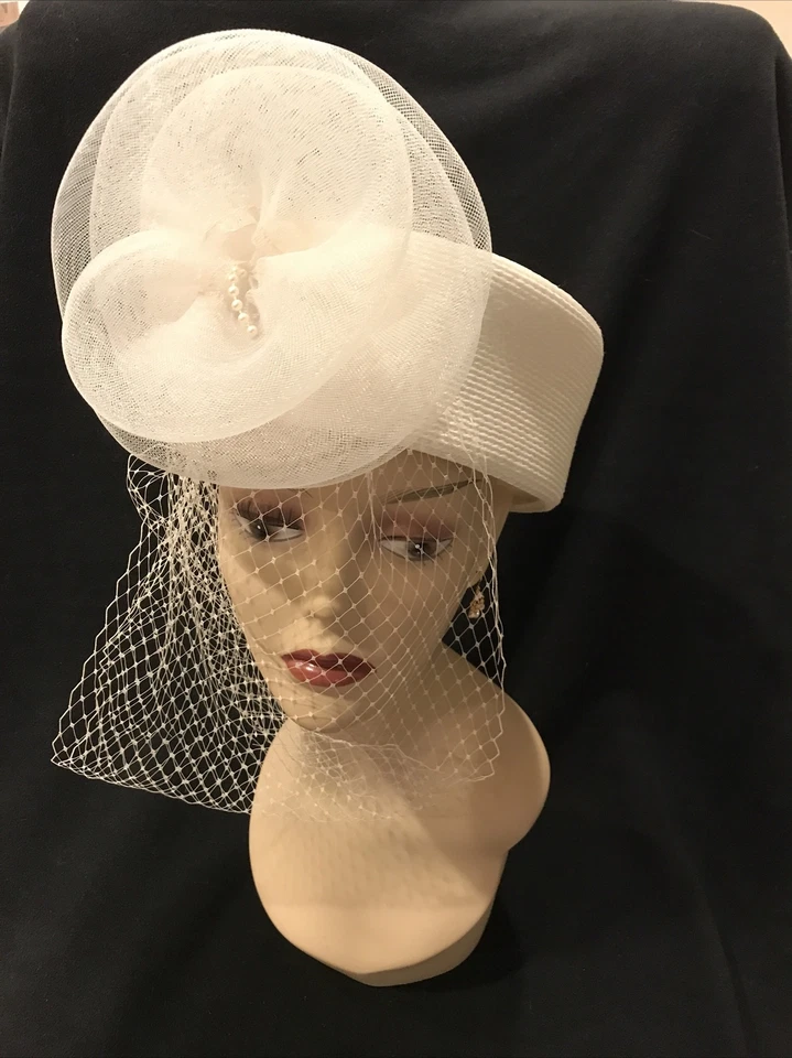 Sombrero de red pastillero vintage blanco roto blanco polipropileno boda Derby Gatsby Foto 4 de 4