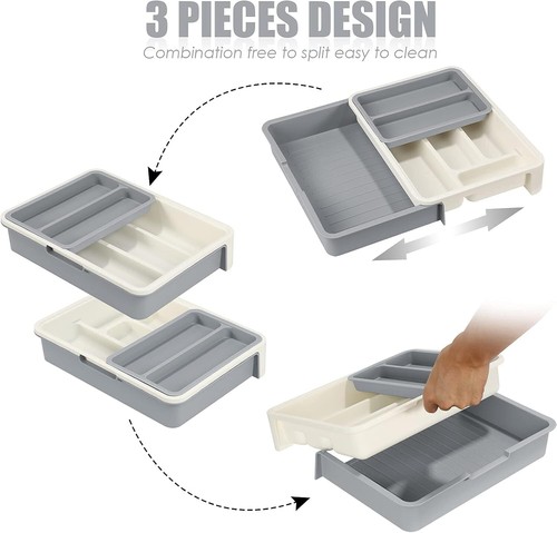 3 In 1 Expandable Cutlery Drawer Tray Utensil Organiser Plastic Dish RackKitchen - Picture 13 of 18