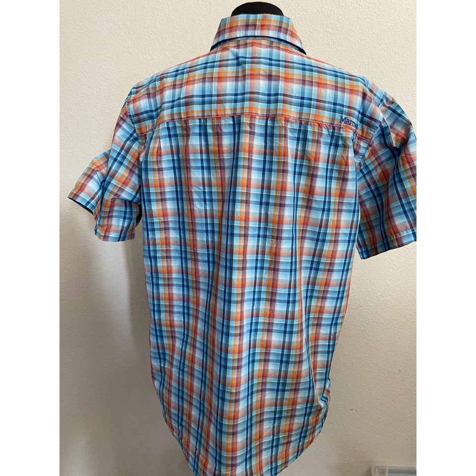 Camisa masculina xadrez manga curta marmota tamanho médio azul laranja externa - Imagem 3 de 4