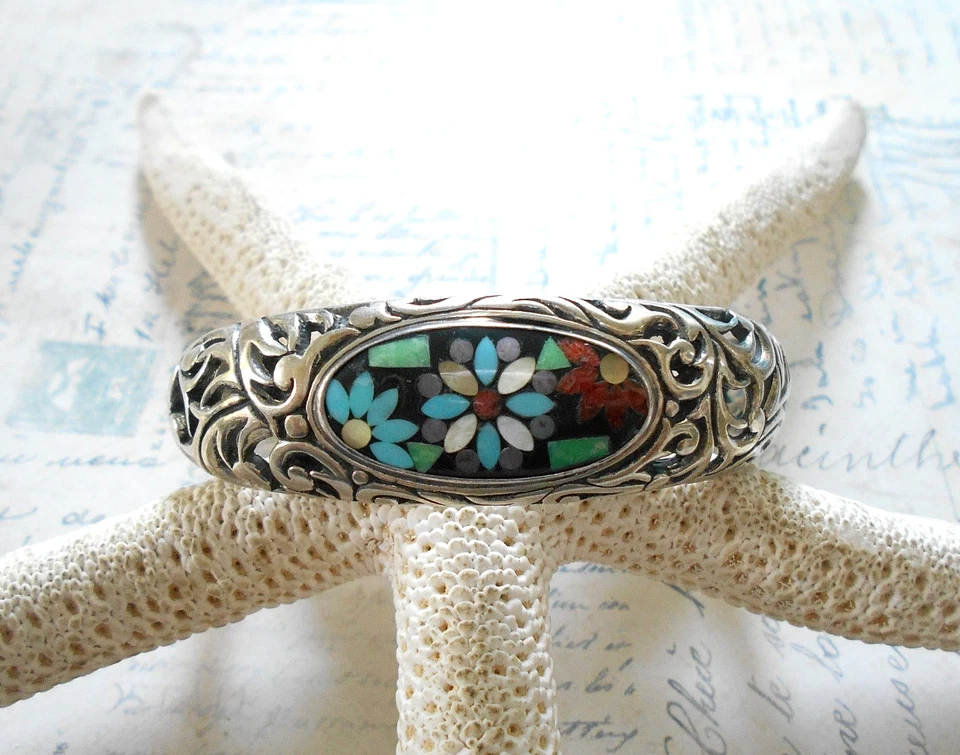 Carolyn Pollack Oxidized Sterling Inlaid Floral Cuff Bracelet   RE53NV - Image 4 of 4