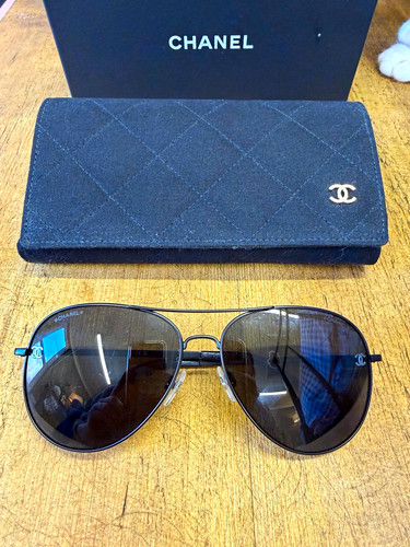 CHANEL Women’s Sunglasses Black Metal Frame Grey Tinted Lenses Set