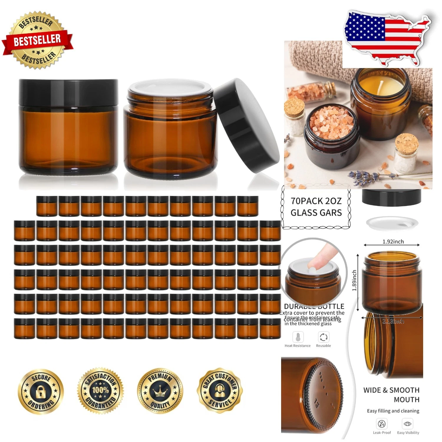 Round 2oz Glass Jars 70 Pack Amber - Ideal for Lotions, Creams, Ointments