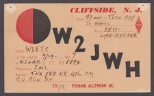 W2JWH Frank Altman Jr Cliffside NJ QSL postcard 1937