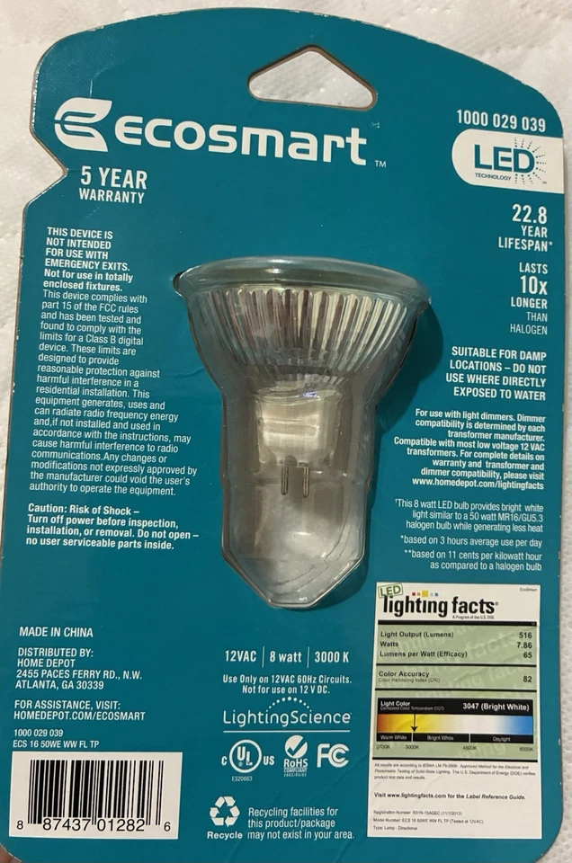 Ecosmart 50W Equivalent Bright White (3000K) MR16/ GU 5.3 LED DIMMABLE 500 LUMEN - Image 2 of 2