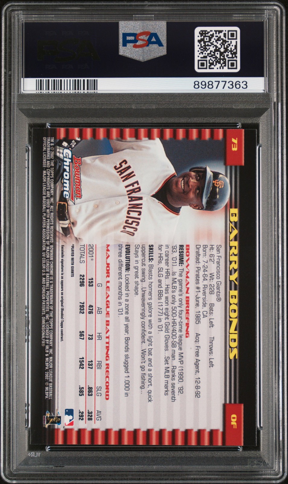 2002 BOWMAN CHROME #73 BARRY BONDS PSA 10 POP 8 view 2