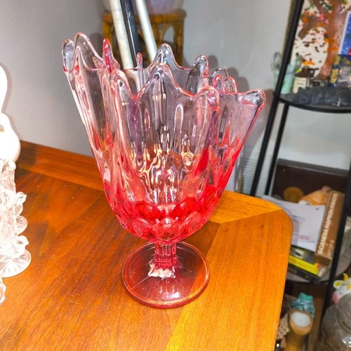 Vintage Fenton Vase Thumbprint Handkercheif Cranberry Color Footed Pedestal 1960