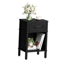 Farmhouse Nightstand with Drawer, Small Wood Side Table, Wooden Bedroom Black