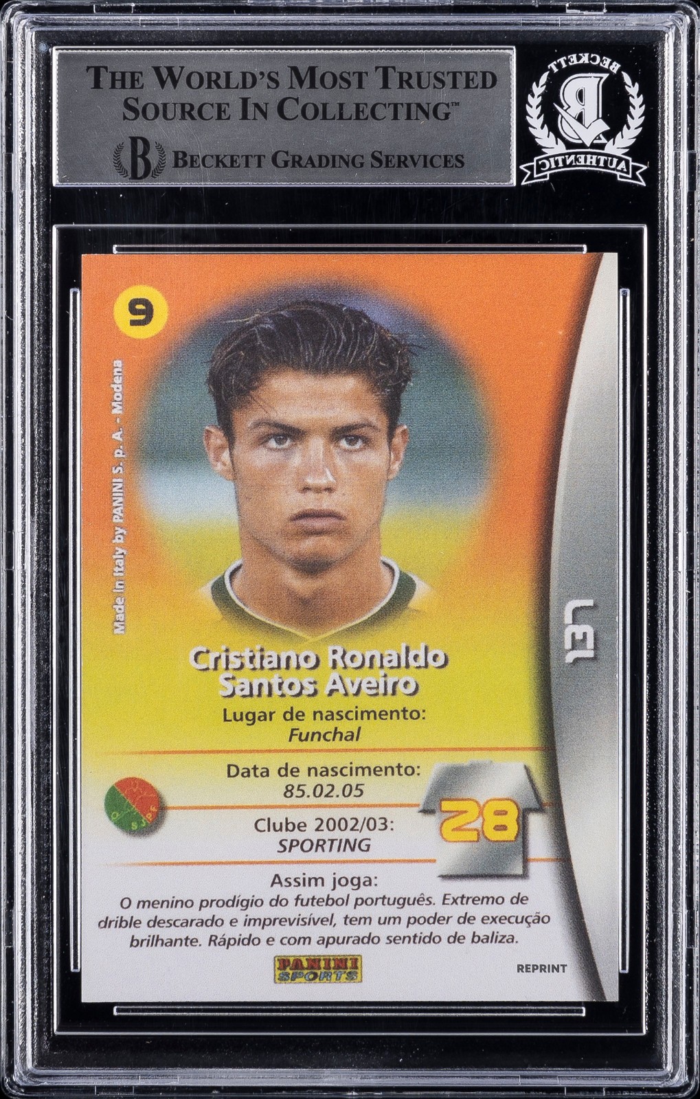 2002-03 Panini Cristiano Ronaldo #137 Mega Craques REPRINT RC Auto Beckett BAS view 2
