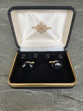 Vintage Black and Gold Tone Cufflinks and Studs Set in Velvet Box