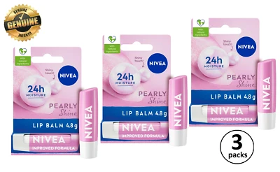 3x Nivea Long Lasting Moisturising Lip Balm Stick Lip Care Pearly Shine 4.8g