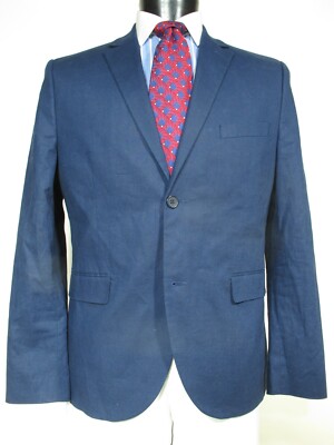 H M Navy Blue Blazer Sport Coat Linen Cotton Two Button 44R Slim Fit 