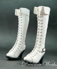 1/3SD BJD Shoes PU Leather Long Boots High Heels Pointed-toe Lace-up White AOD