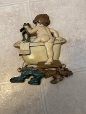 Vintage 1970 Sexton Cast Metal Child In Tub with Frog Wall Art Plaque