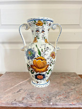 Ancien Vase Amphore Hubert BEQUET Fait Main Signé Décor Floral 28 cm