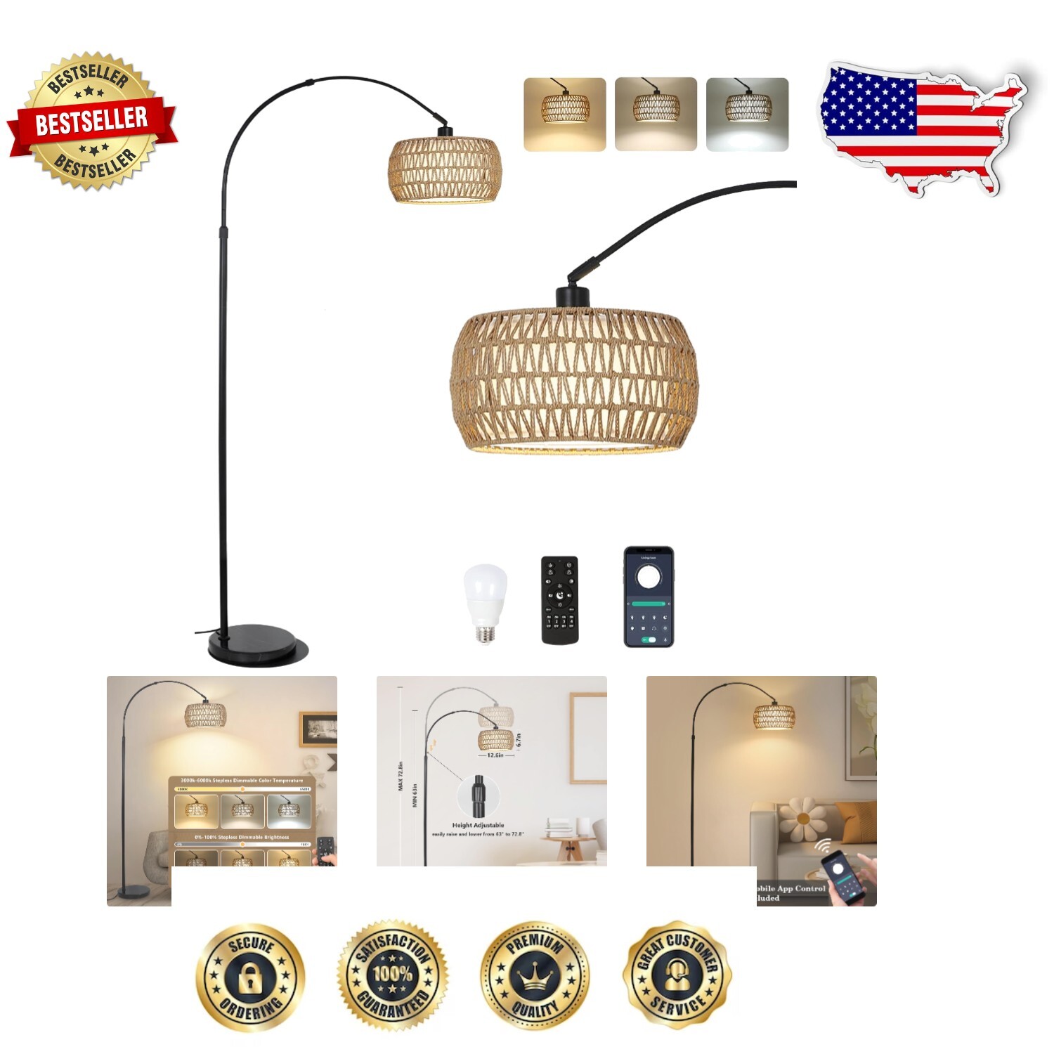 Stylish Rattan Boho Arc Floor Lamp - Adjustable Dimming & Smart Control Features