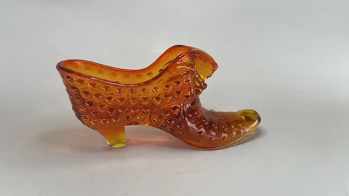 Vintage Fenton Orange Amberina Hobnail Cat Head Glass Shoe, Glows in Black Light