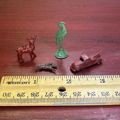 Antique Cracker Jack Metal Toy Lot 20s 30s Tiny Car Deer Jockey Horse Parrot