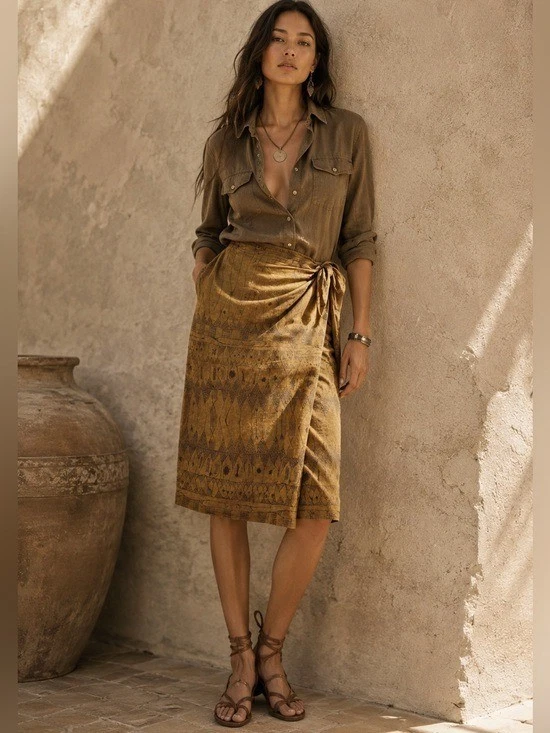 Lauren Ralph Lauren Linen Wrap Midi Skirt 14 Tan Beige Aztec Tribal Boho Safari