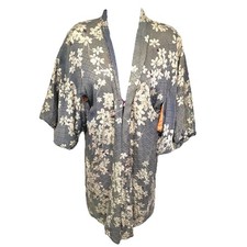 Vintage Japanese Kimono Robe Geisha Sz 41 Blue Floral Print Distress For Display