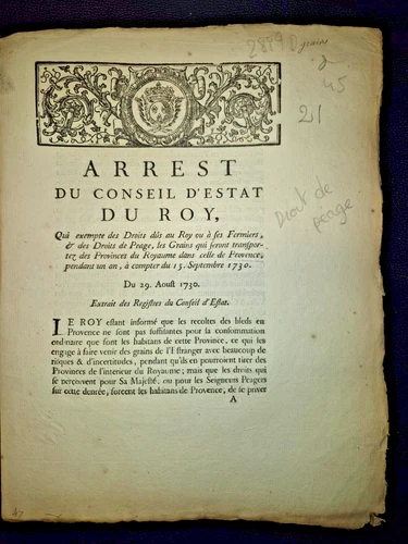 1730 ARRET DU CONSEIL D'ETAT LOUIS XV - Grains & Blé Provence Exemption Péage