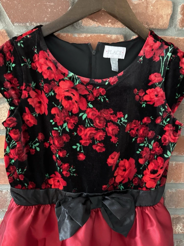 The Children’s Place Kids Girls Red Floral Velvet Satin Holiday Dress Size 14 - Image 3 of 4