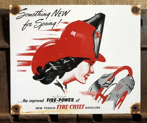 VINTAGE TEXACO FIRE-CHIEF GASOLINE 12” PORCELAIN GAS STATION PUMP SIGN GIRL