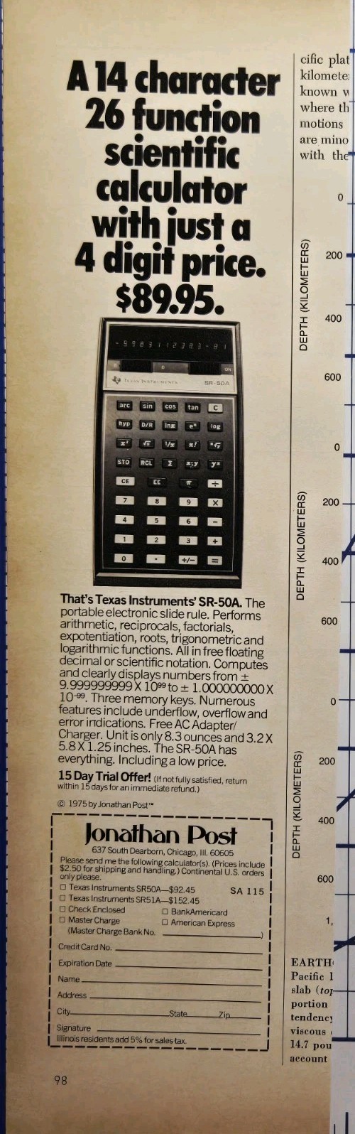Jonathan Post Scientific Calculator Texas Instruments SR-50A Print Ad 1975