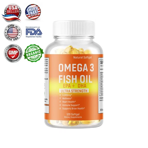 Omega 3 Fish Oil Capsules Ultra Strength  EPA  DHA, Burp-Less 120 Sofgels 3000mg