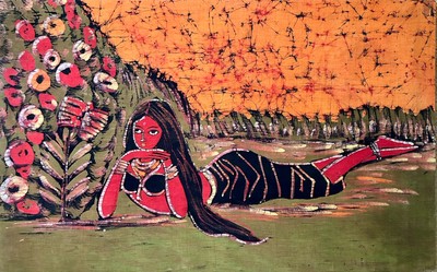 Batik Wall Art Hanging 70 s Girl Handmade Fabric  36  x 23  Estate Find