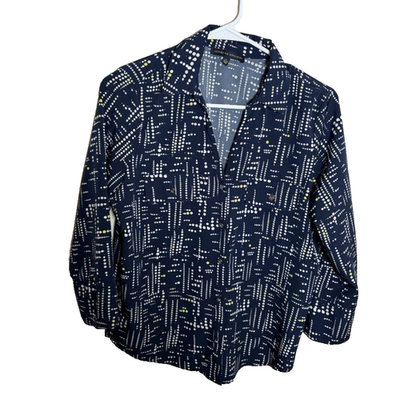 adrienne vittadini dress shirt Adrienne Vittadini Blue Stripe Button Up Shirt Black Embroidered 3/4 Sleeve  Sz 6