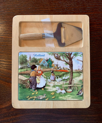 Delftware Wood Cutting or Cheese Board w/ Cheese Slicer, Holland Farm - Rare!