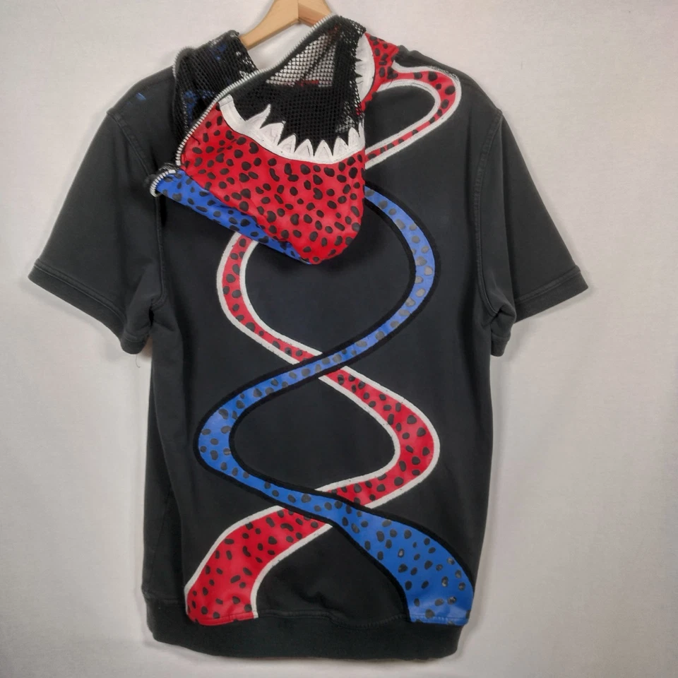 Vintage 1990s Ron Bass Shirt 2XL Black Red Blue Snake Zip Up Mesh Hooded Teeth - Image 2 of 4