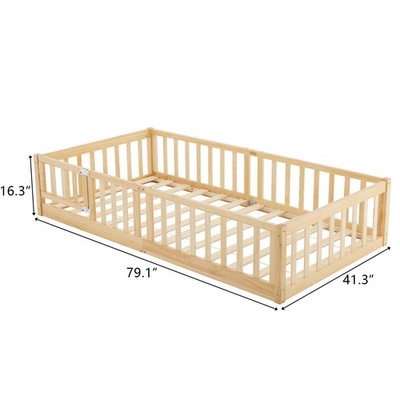 79.1''L x 41.3''W x 16.3''H Toddler Floor Bed with Door & Fence for Kids Natural