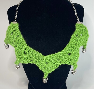 Handmade Crochet Lime Green Scalloped Bib Necklace Silver Accent Beads and Chain