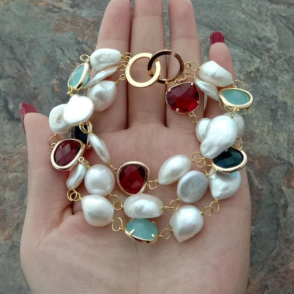 8,5'' 3 ряда белый барокко жемчуг монета жемчуг кристалл браслет - Изображение 4 из 4